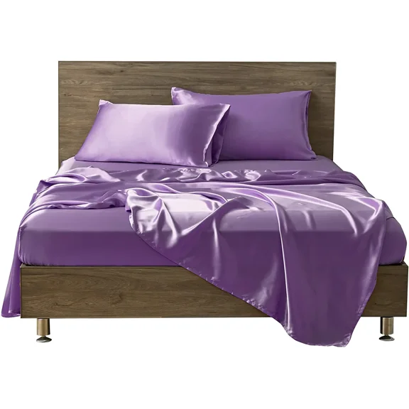 Cloud Fino 4 Pc Silk Satin Sheets Set|Silk Satin Fitted Sheet|Silk Satin Flat Sheet|Silk Pillowcase|4 Pc| Hotel Quality Sheets !!(Lilac/Full)
