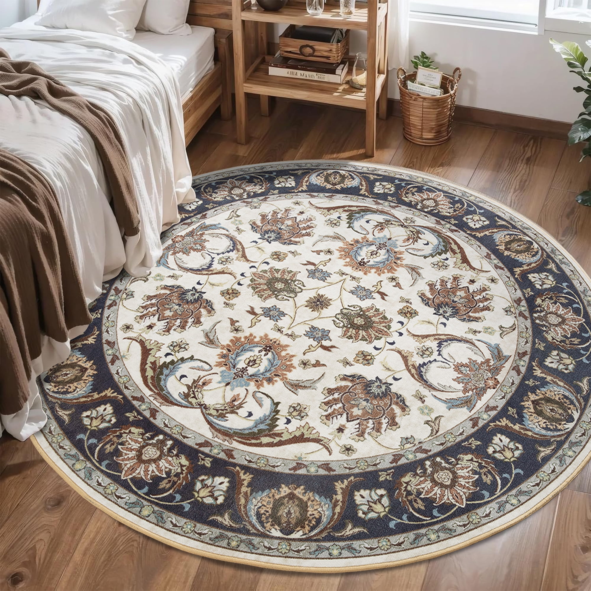 Noahas 5 ft Round Rugs for Living Room Bedroom Rug Circle Area Rug for Dining Room Table Throw Neutral Vintage Circular Rugs Washable Soft Comfortable Blue & White