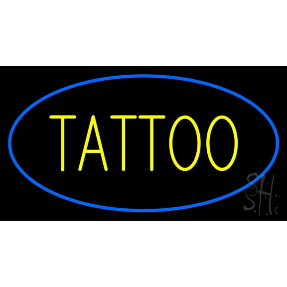 Oval Tattoo Blue Border LED Neon Sign 13" Tall x 24" Wide - inches Black Square Cut Acrylic Backing, with Dimmer - Premium built indoor Sign for Storefront, Store interior, Workshop, Studio.