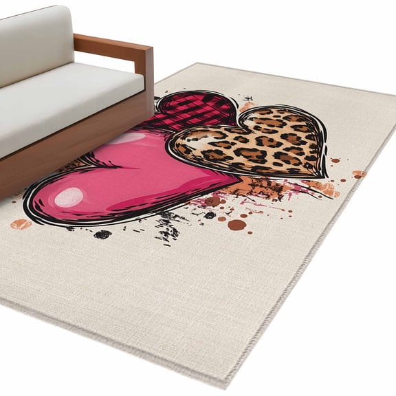 Love Heart Washable Area Rug 3 x 5 ft Pink Leopard, Soft Non Slip Rugs Stain Repellent Indoor Felt Carpet for Living Dining Room Bedroom Home Office