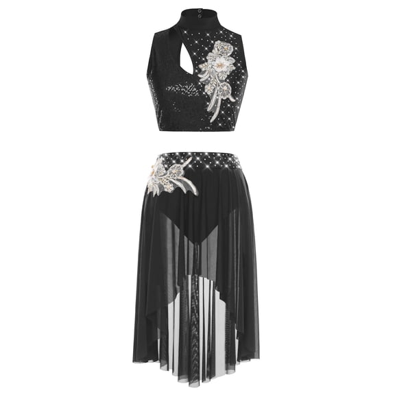 inlzdz Lyrical Dance Outfits for Women Sequin Crop Top Mesh Tulle Skirt Stage Performance Dancewear Black M