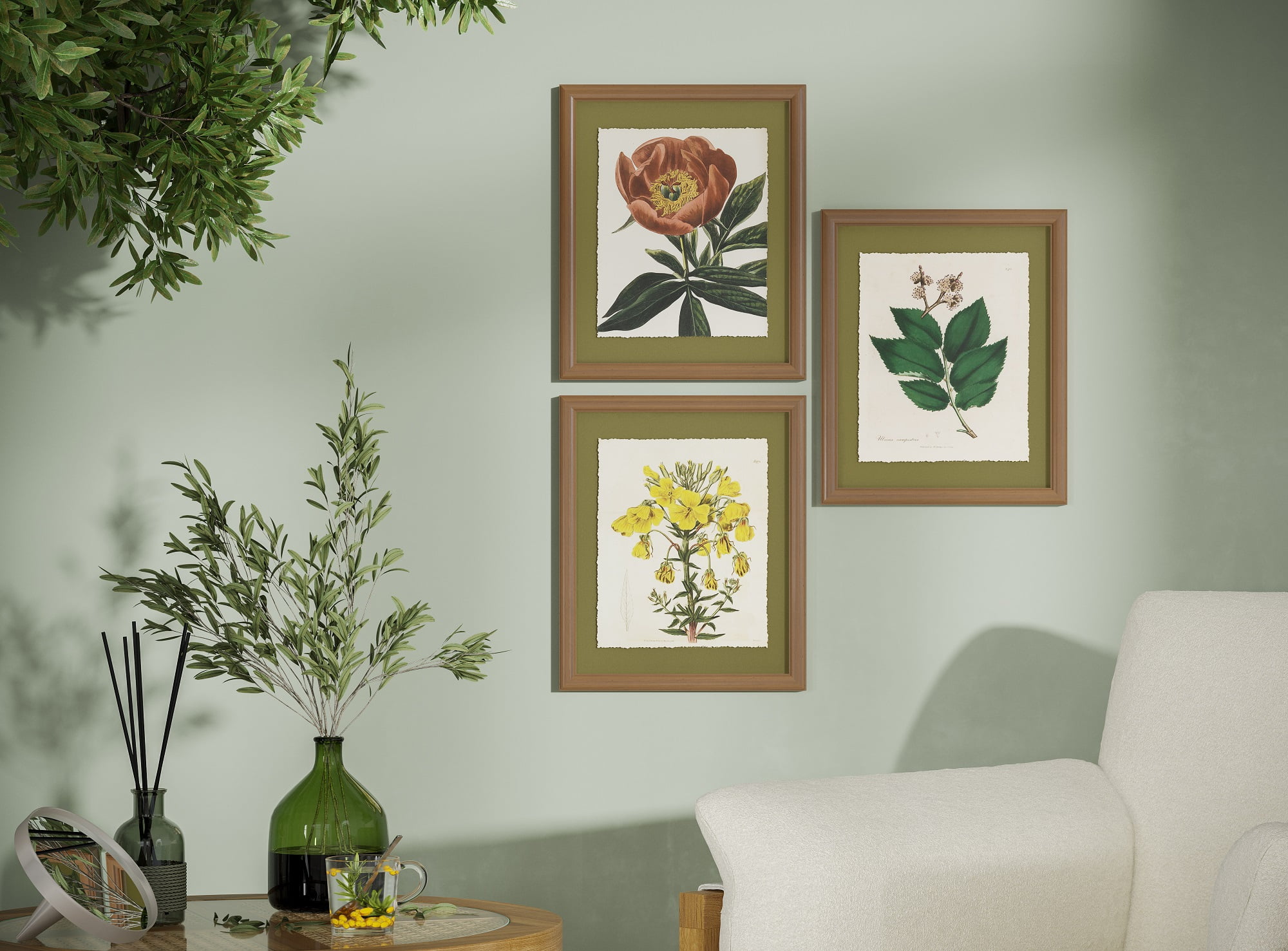 Beautiful Framed Vintage Florals Elm Tree Leaves-Yellow Flowers-Peony Flower 3-Piece Set by Drew Barrymore 10" X 12"