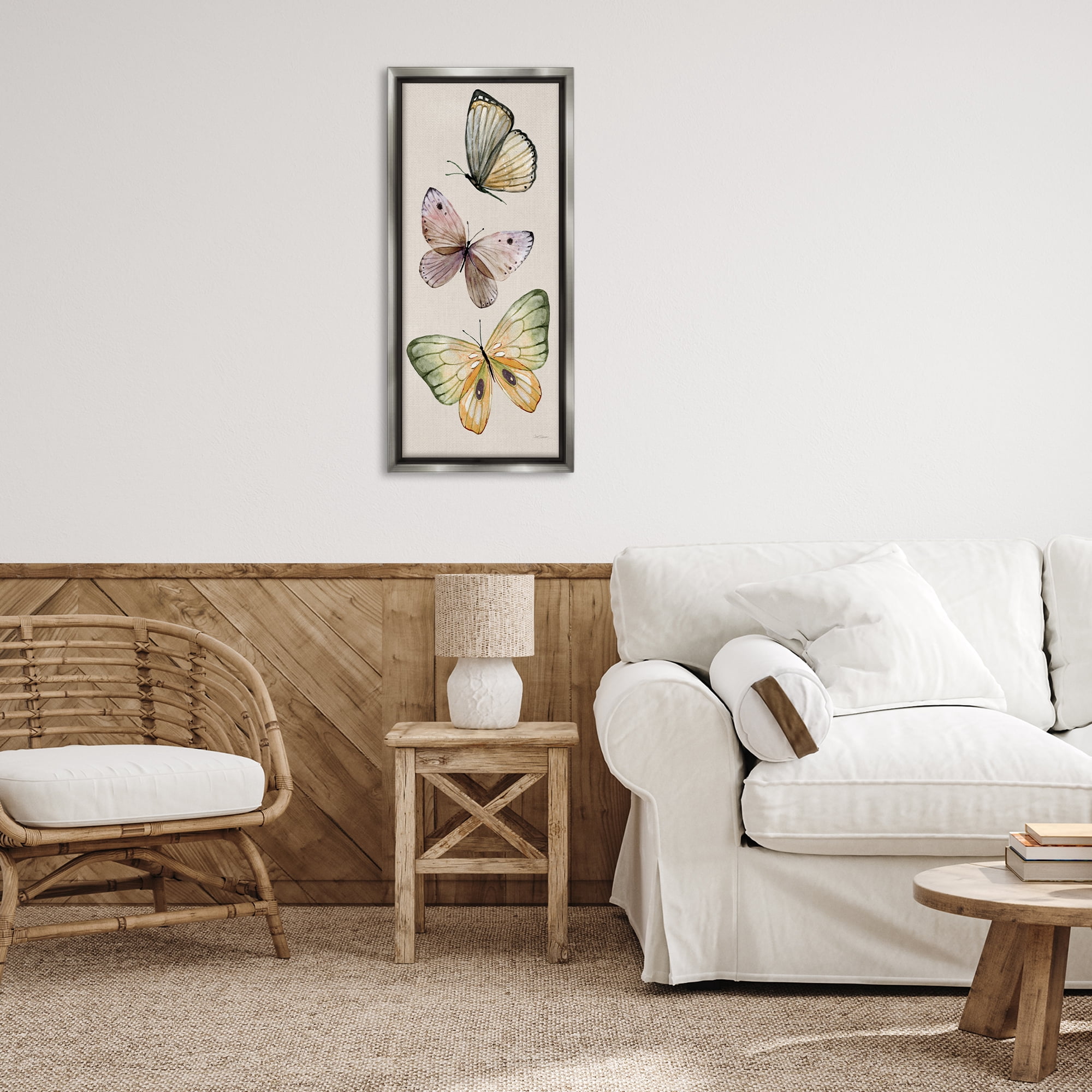 Stupell Industries Fluttering Butterfly Trio Animals & Insects Painting Gray Floater Framed Canvas Art Print Wall Art, 15 x 31