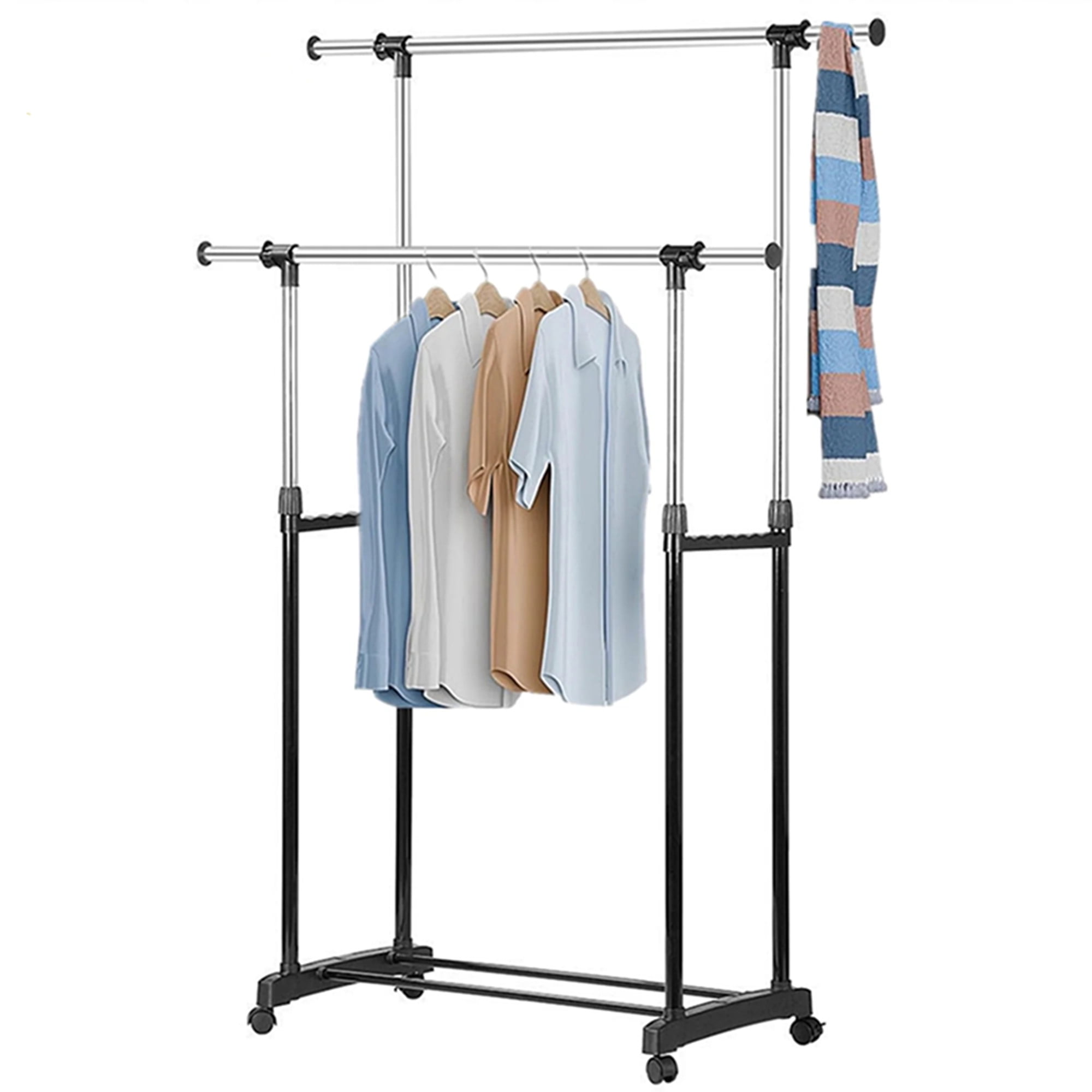 Expandable Double Rod Adjustable Clothes Rack Metal Rolling Garment Rack Clothing Shelf for Hanging Clothes Adjutabel Height and Width Walmart