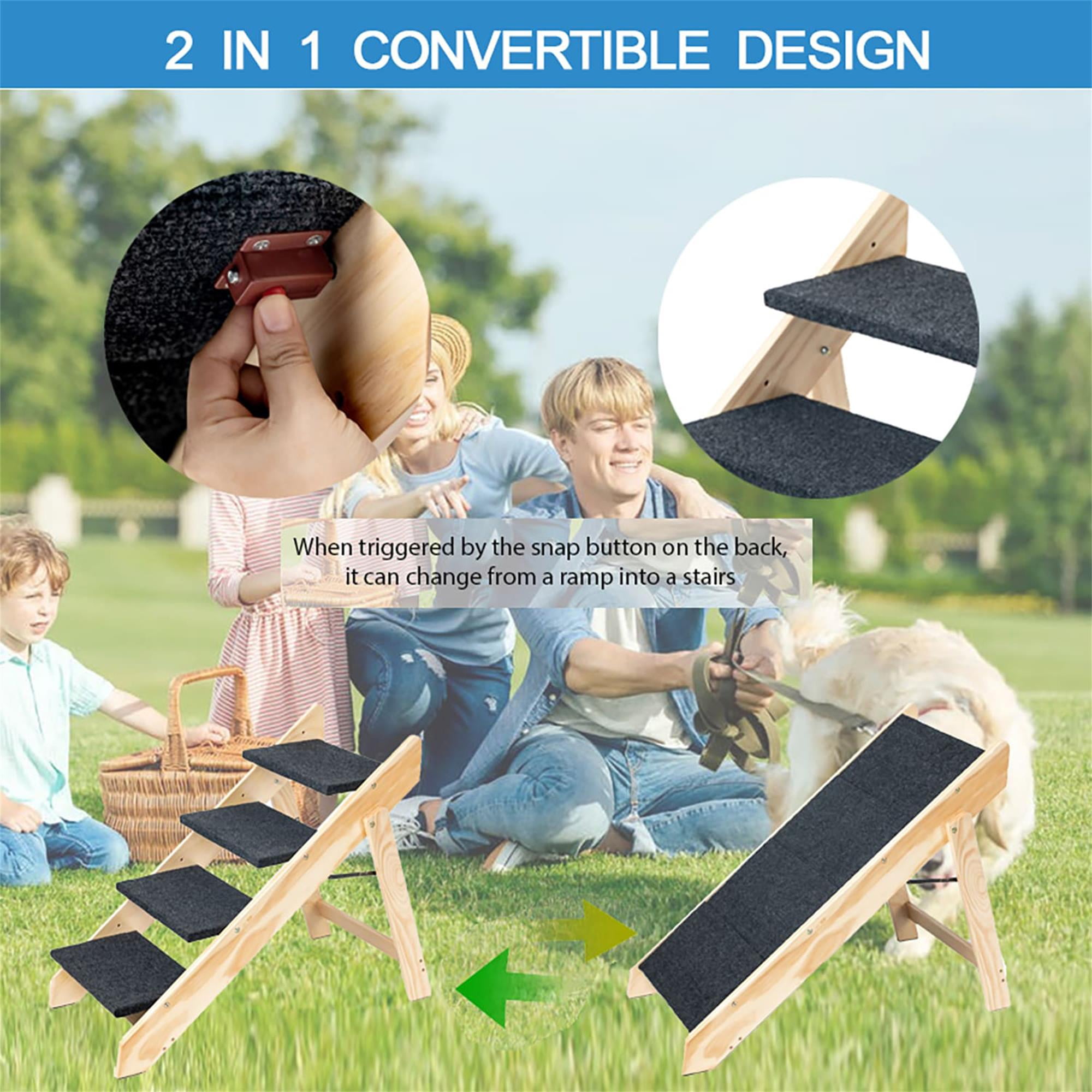 Pefilos Wood Pet Steps, Foldable 4 Steps Dog Stairs and Ramp Perfect for Beds and Cars, Portable Dog/Cat Ladder Up to 110 Pounds, Beige