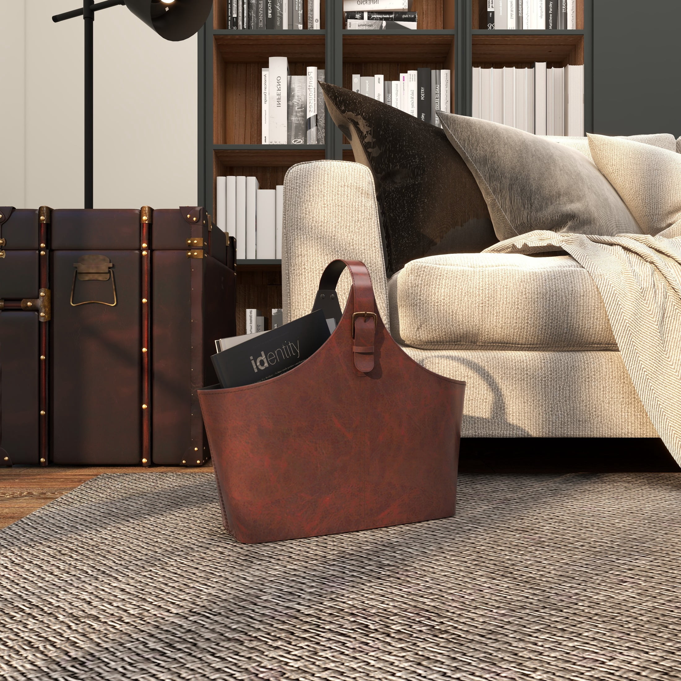 DecMode 15" Dark Brown Leather Handmade Box Style Magazine Holder with Detail Stitching and Curved Buckle Handle