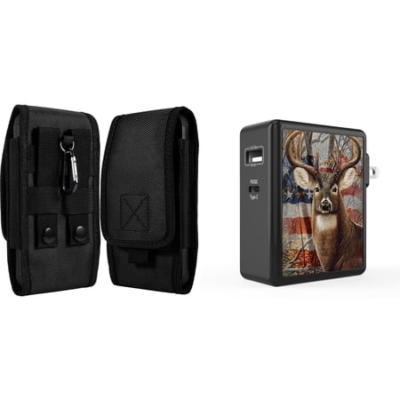 Holster and Wall Charger Bundle for OnePlus 10 Pro: Vertical Rugged Nylon Belt Pouch Case (Black) and 45W Dual USB Port PD Power Delivery Type-C and USB-A Power Adapter (American Deer Camo)