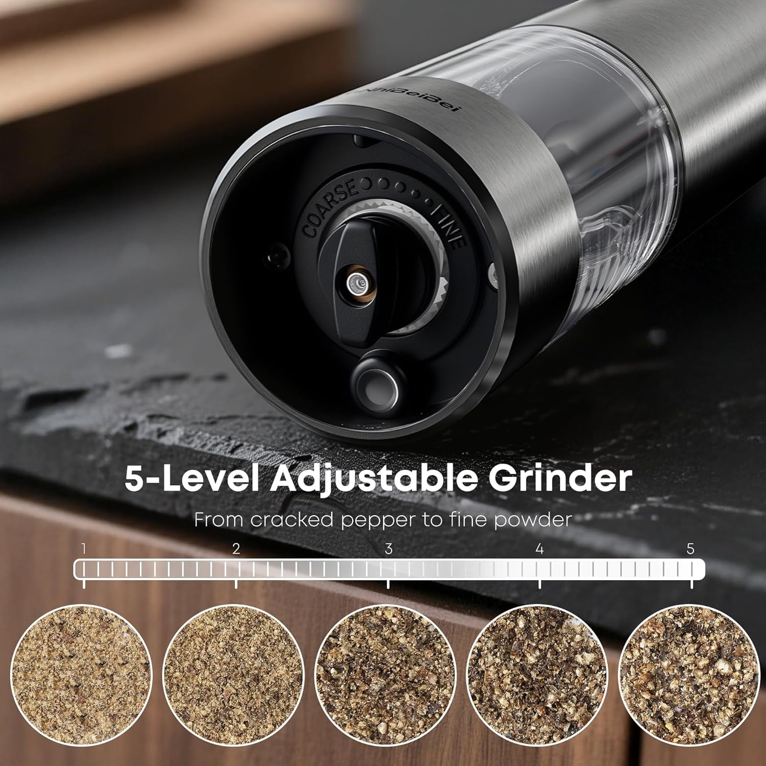 Electric Salt and Pepper Grinder One-hand Operated, Adjustable Coarseness, Stainless Steel body Ceramic Burrs,Pepper Shakers Mills with LED Light,House Warming Cooking Gift