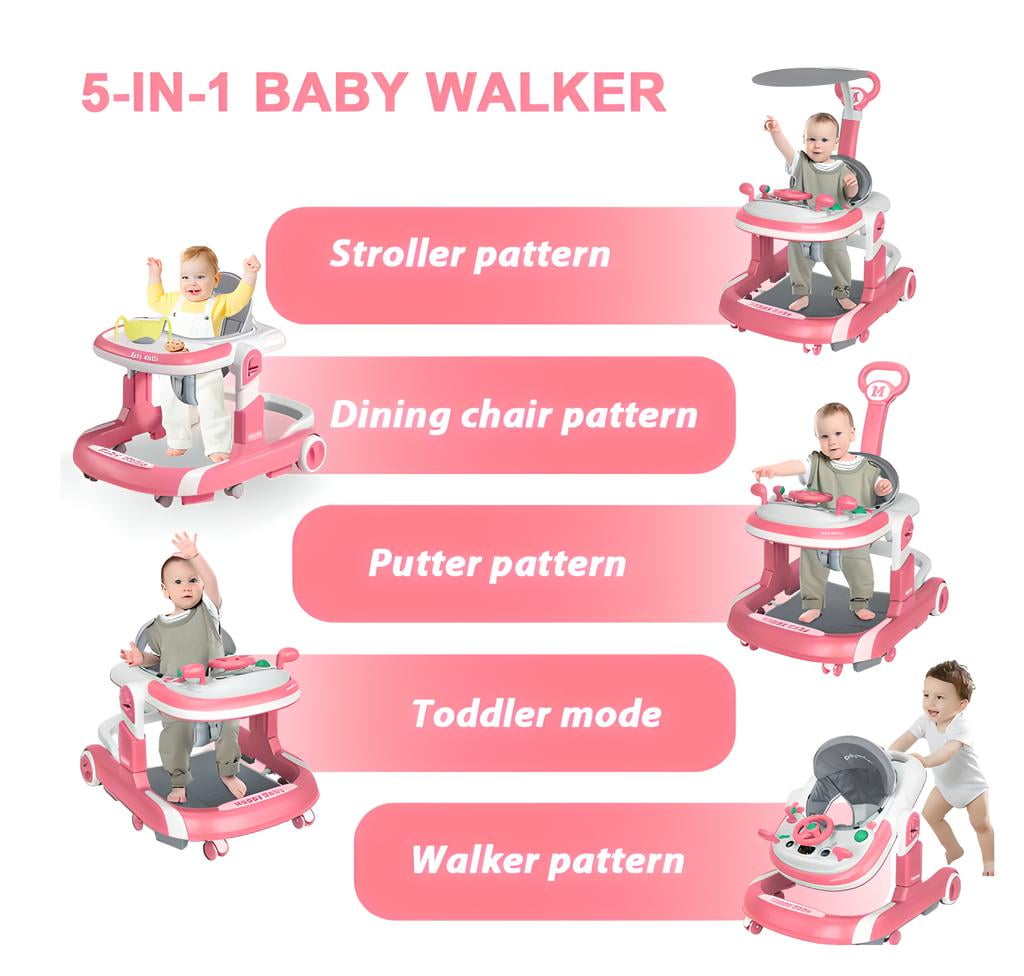 LUOLUO 5-in-1 Foldable Baby Walker with Foot Pads/Handles for Boys and Girls 6-24 Months,Height-Adjustable Push Walker, Pink