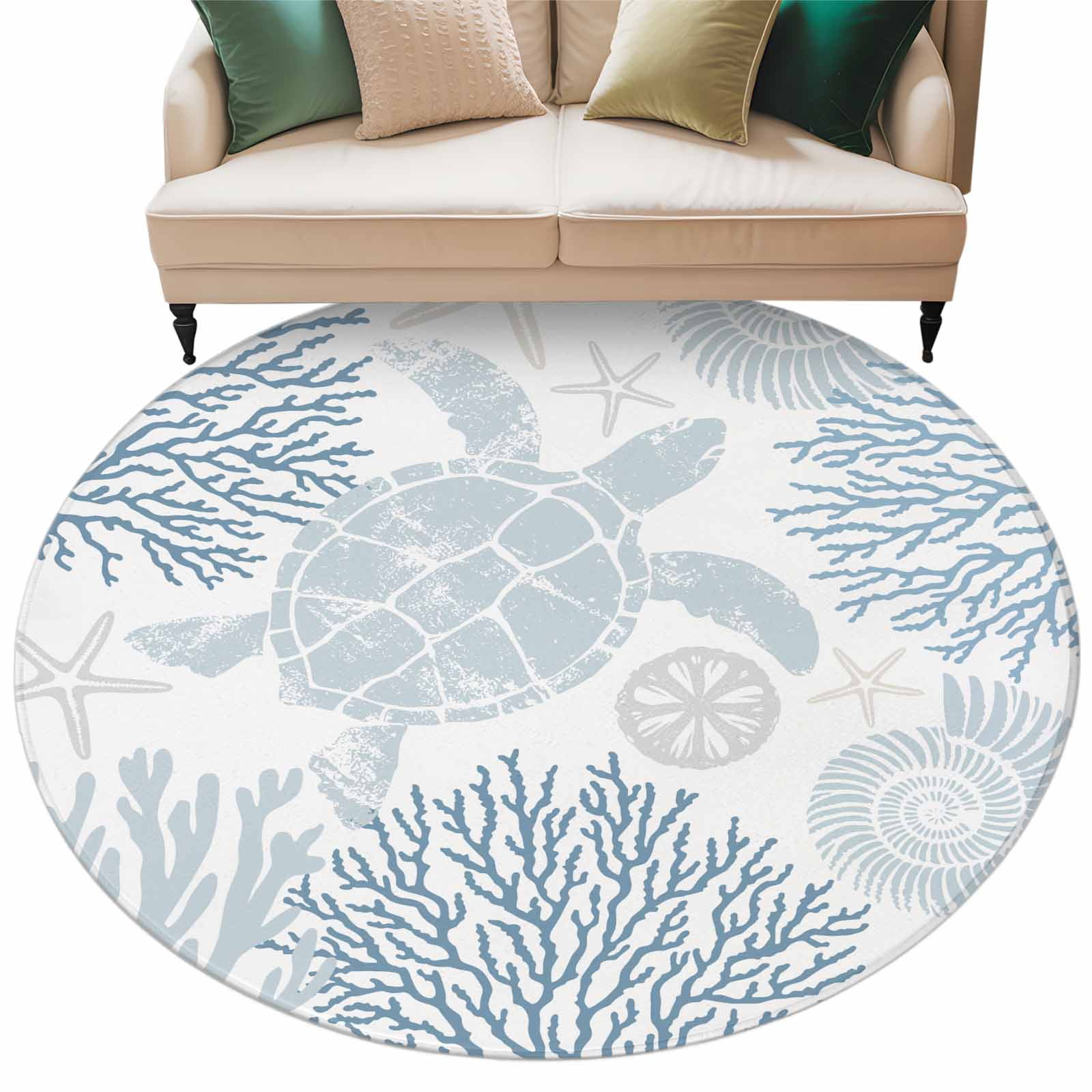 Blue Sea Turtle Round Rugs 6ft, Coastal Coral Summer Beach Nautical Non Slip Washable Rug Runner, Low Pile Indoor Floor Carpet Mat Bathroom Rugs for Living Room, Bedroom, Kids Room
