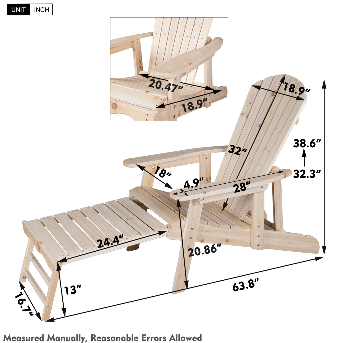 SNAIL Cedar/Fir Log Wood Fanback Adirondack Chair with Pull-Out Ottoman, Outdoor Lounge Furniture for Patio Lawn Garden Backyard Beach Porch Balcony, Large Wooden Adirondack Chair, Natural Finish - image 5 of 10