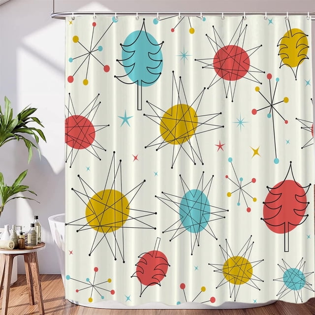 Yellow Blue Red Christmas Christmas Trees Decor Shower Curtain Set,Colorful Dots Polyester Shower Curtain for Shower Stall Bathroom Waterproof with 12 Hooks 72x72 Inch