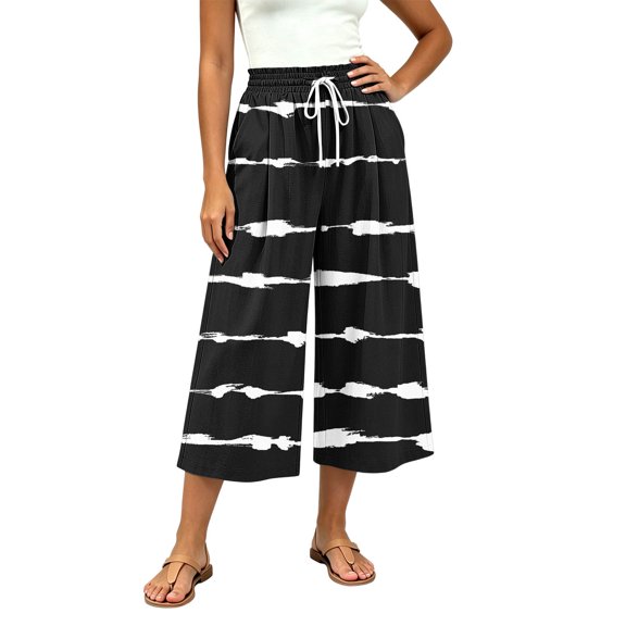 Edvintorg Womens Capri Pants Striped Printed Elastic Waisted Casual Loose Cotton Wide Leg Cropped Capris with Pocket Women's Clothing Black M