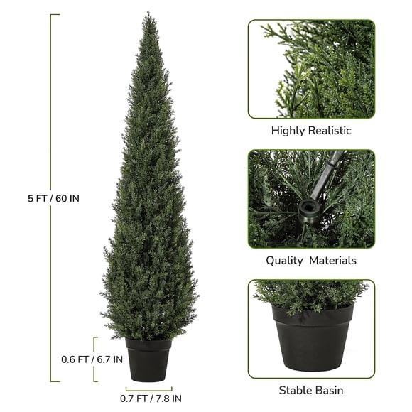 Ultra-Realistic Artificial Cedar Cypress Topiary Tree – Lifelike Faux Evergreen UV-Resistant in Pot – Indoor Outdoor Home, Office, Porch, Garden Decoration – 5ft (1pc)