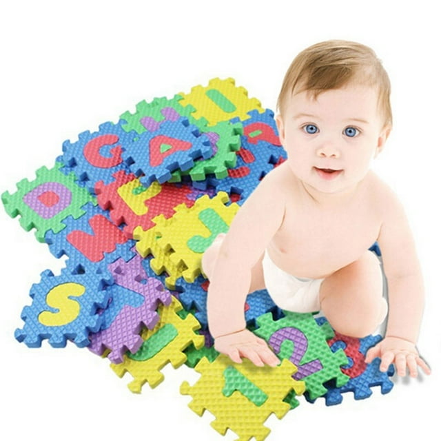 Hot Sale! 36-Pieces Puzzle Mat Learning ABC Alphabet Study Kids Letters Floor Play toy with multicoloured foam tiles featuring alphabet letters. A baby is seated on the mat, interacting with the puzzle pieces. Suitable for baby crawling, children's floor puzzles, and educational play.