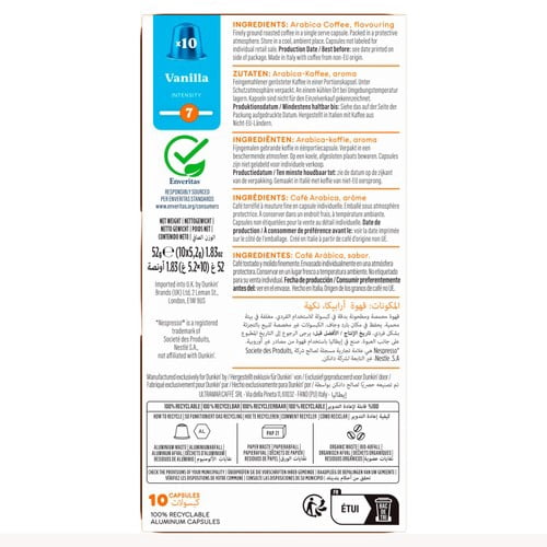 Dunkin Vanilla Nespresso Compatible Coffee Pods, 10 pods per pack, British Import (Pack of 3)