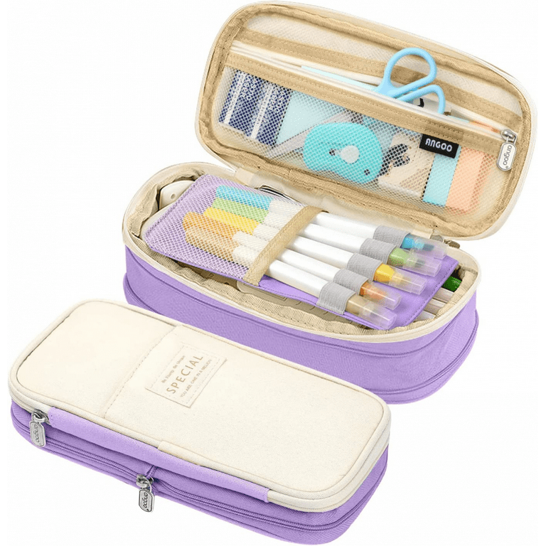 Zcassi Big Capacity Pencil Case 3 Compartments Canvas Bag Purple