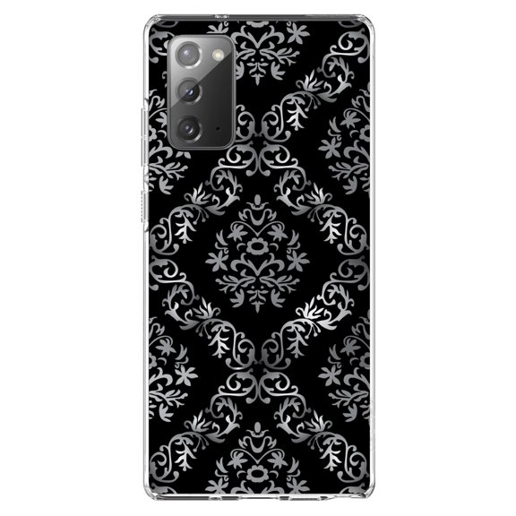DistinctInk Clear Shockproof Hybrid Case for Galaxy Note 20 ULTRA (6.9" Screen) - TPU Bumper, Acrylic Back, Tempered Glass Screen Protector - Black White Silver Grey Damask - Floral Damask Pattern