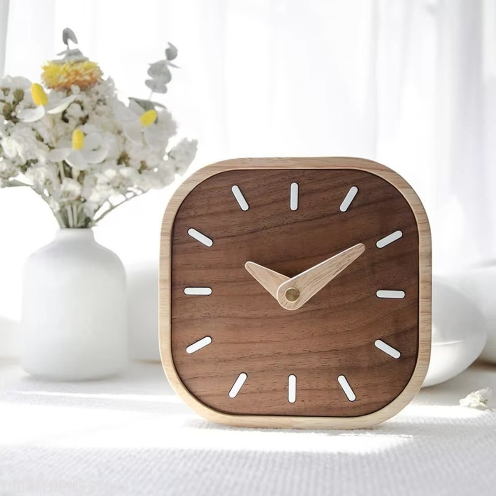 Handmade Black Walnut Silent Desktop Clock, Nordic Style Solid Wood Table Clock for Home Office Decoration(Not Include Battery)