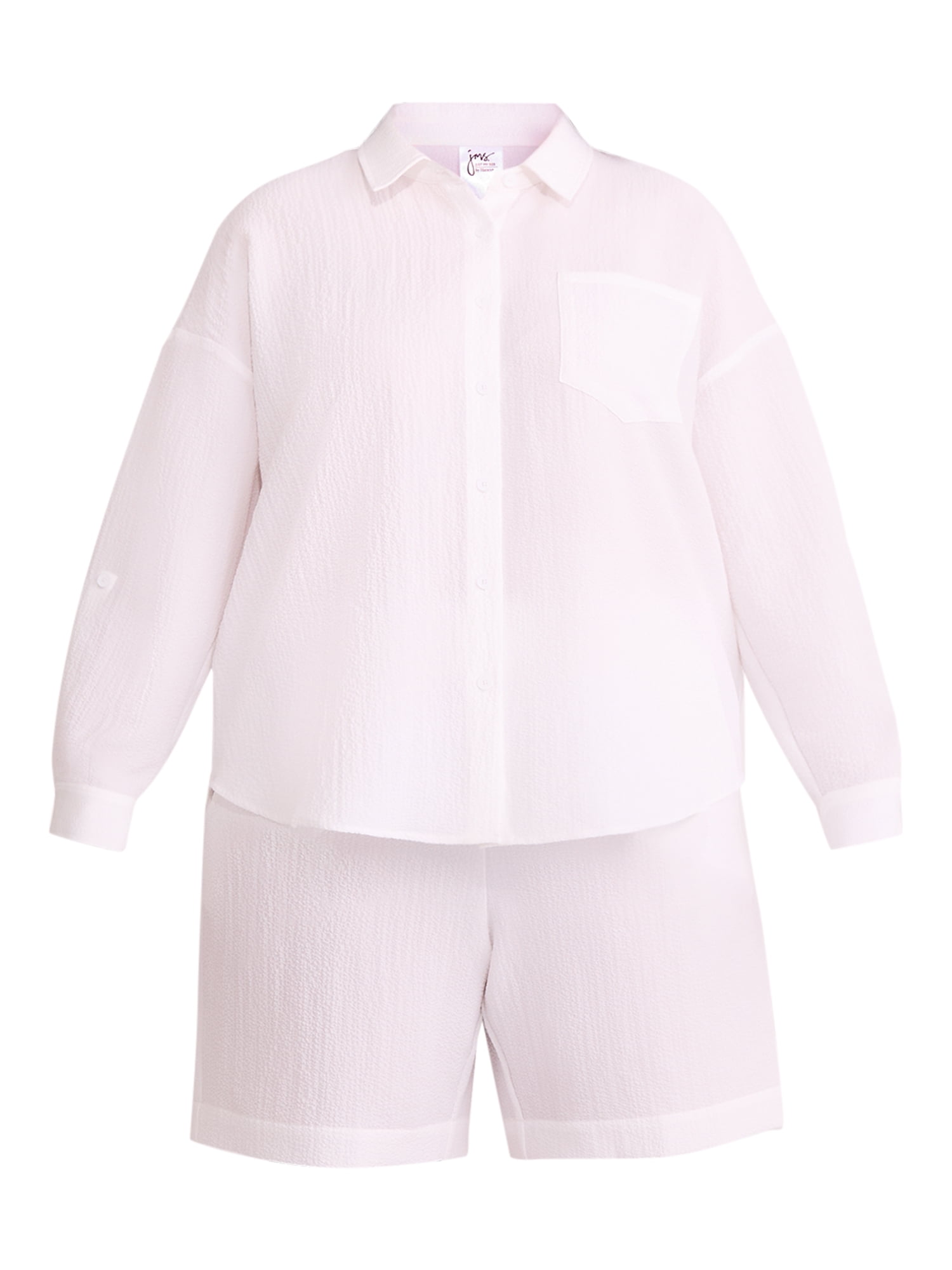 Just My Size Women's Plus Size Gauze Button Front Shirt and Pull On Shorts Set, 2-Piece, Sizes 0X-4X