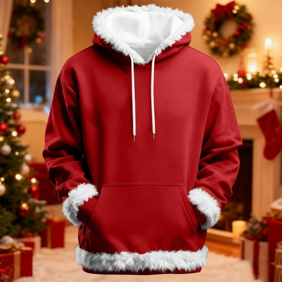 XUNKUSGA Ugly Christmas Hoodies for Men Fashion Fleece Trim Pullover Hoodies Casual Solid Color Hooded Sweatshirt Women Loose Long Sleeve Plain Hoodies S-2XL Red