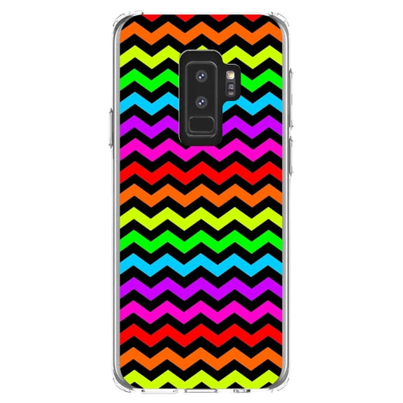 DistinctInk Clear Shockproof Hybrid Case for Samsung Galaxy S9  PLUS (6.2" Screen) - TPU Bumper, Acrylic Back, Tempered Glass Screen Protector - Rainbow Black Stripes Wave - Stripes Pattern