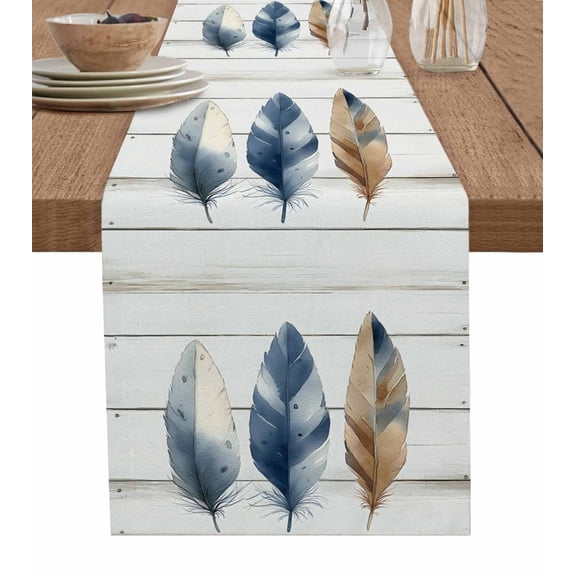 Blue Brown Feathers Table Runner 48 Inches, Boho Vintage Wooden Grain Bed Runner Dresser Scarves Tabletop for Indoor Outdoor Parties/Ceremony/Banquet, 13" x 48"