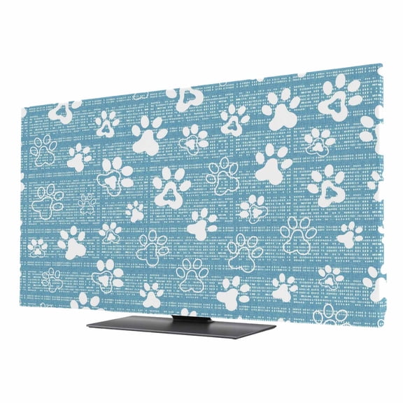Indoor TV Cover 75 Inch, Teal Blue Dog Paw Elastic Monitor Dust Covers for Television, Desktop Computer Modern Geometric Abstract Aesthetics Dustproof Fitted TV Cover for Inside 65.4"L x 36.8"H