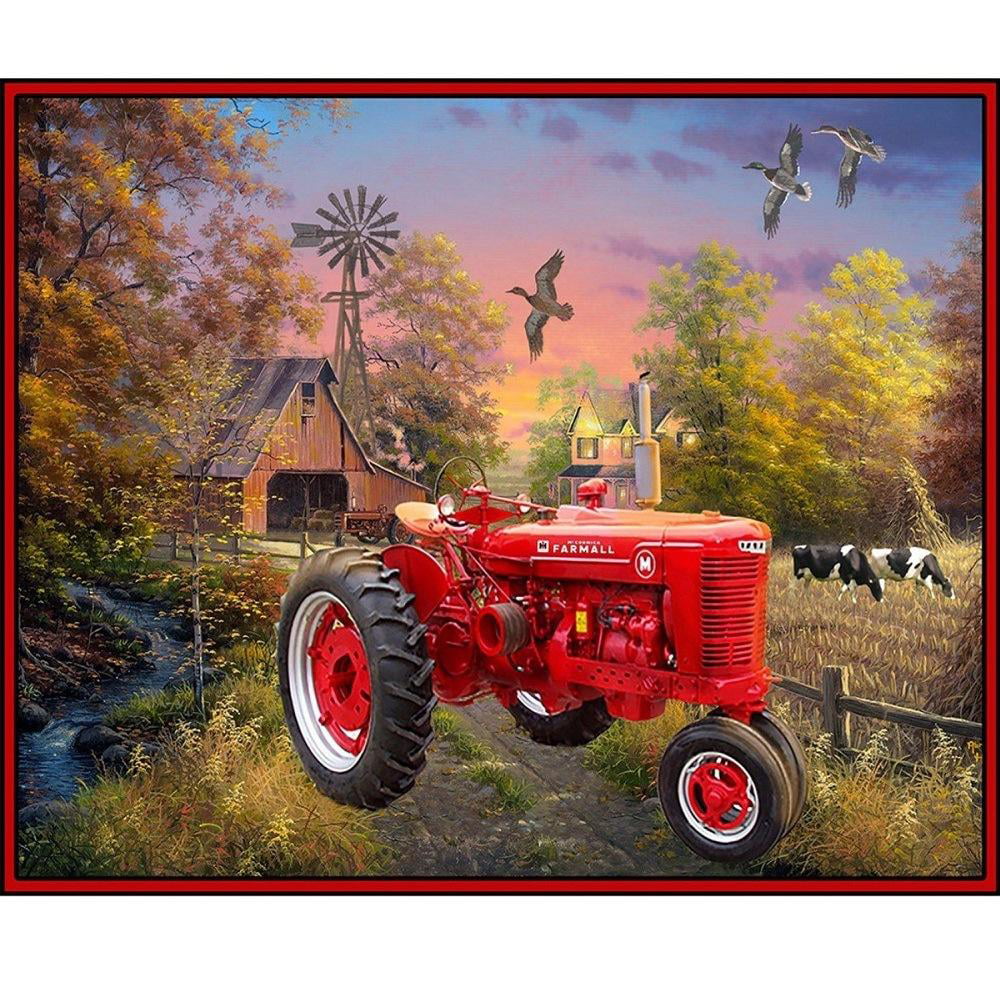Farm Scene Cotton Novelty Quilt Fabric Fat Quarter Tractor Animals Red Barn