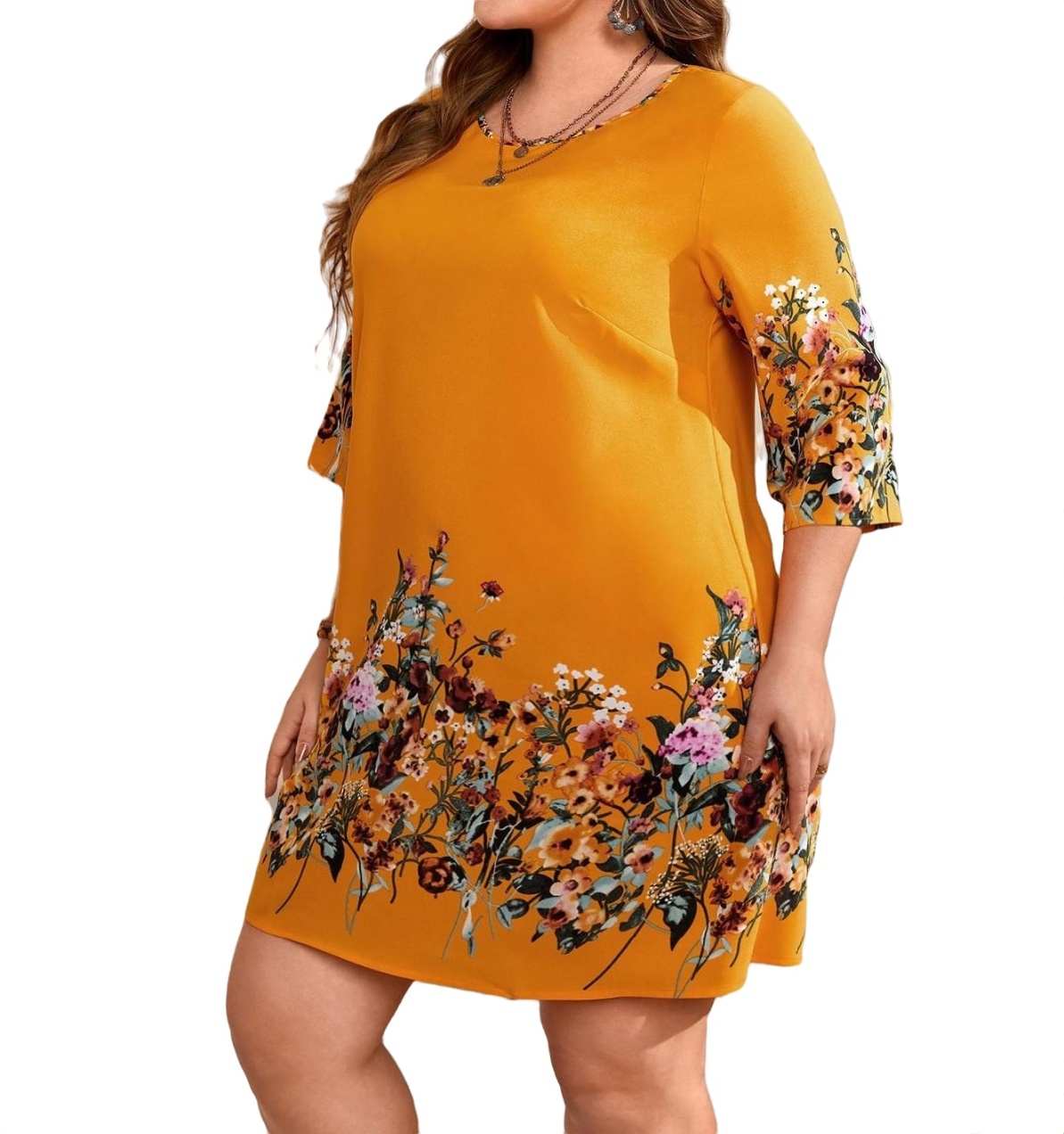 Womens Plus Size Dresses Boho Floral Round Neck Tunic Yellow 1XL