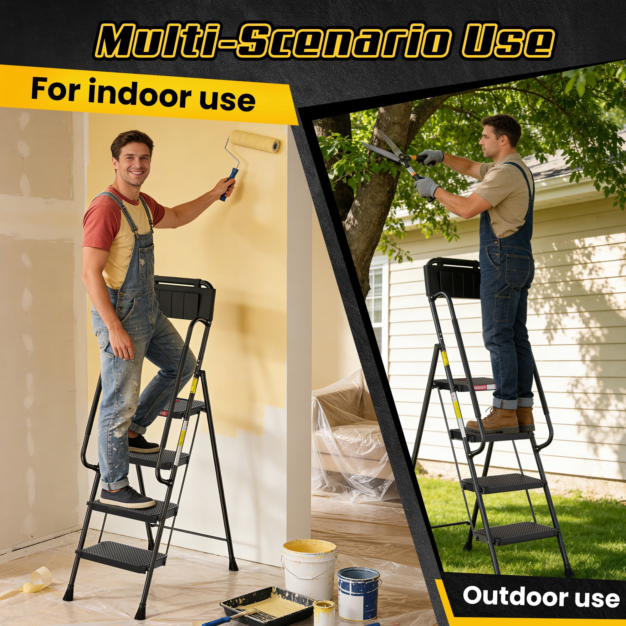 LevLad Folding 4 Step Ladder with Dual Handrails, Tool Bag & Anti-Slip Pedals, Stable Steel Step Stool for Seniors Home Use