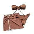 thumbnail image 3 of NTACZA Low Rise Summer Bikini Set Solid Bandeau Cutout With Metal Pendant 3-Piece Swimwear Beach Wear Swimming Pool Brown M, 3 of 8