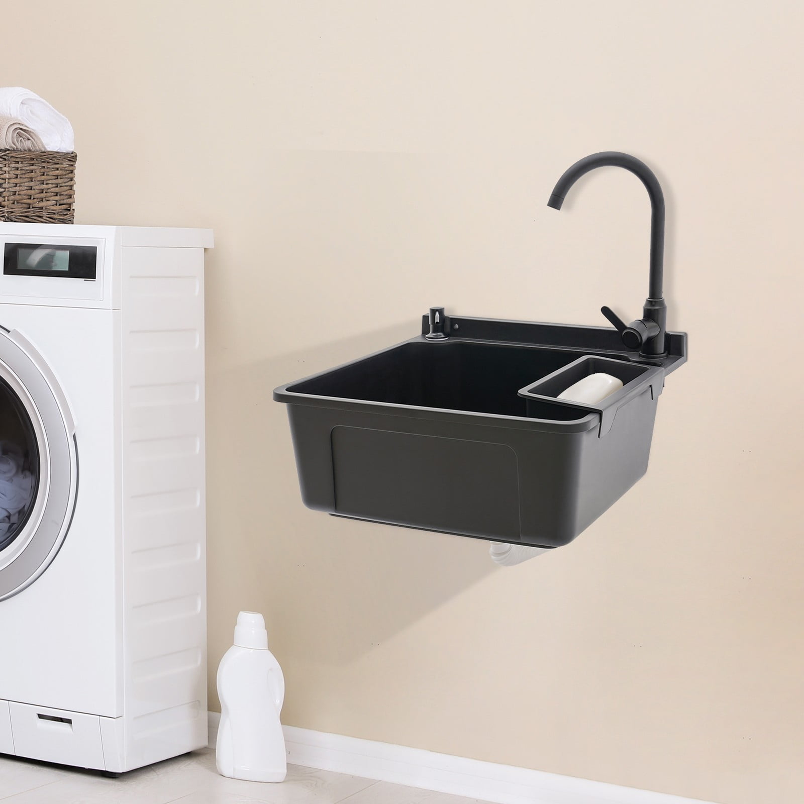 Wall-Mounted Bathroom Sink, Modern Laundry Sink, Rectangular Utility Sink Black