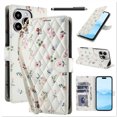 thumbnail image 1 of Wallet Case for iPhone 16 Pro Max , PU Leather Phone Cover Kickstand RFID Blocking Flip Case Card Slots Wrist Strap Relief Engraved Pattern Magnetic Folio Wallet With Stylus Pen,Pink Flower, 1 of 9