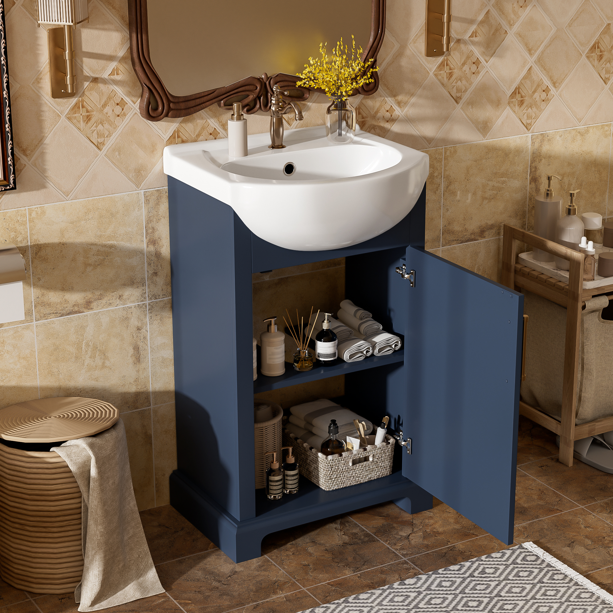 20-inch Bathroom Vanity with Ceramic Sink, Freestanding Single Vanity Set with Soft Closing Door, Bulged Ceramic Basin, French Style, Blue