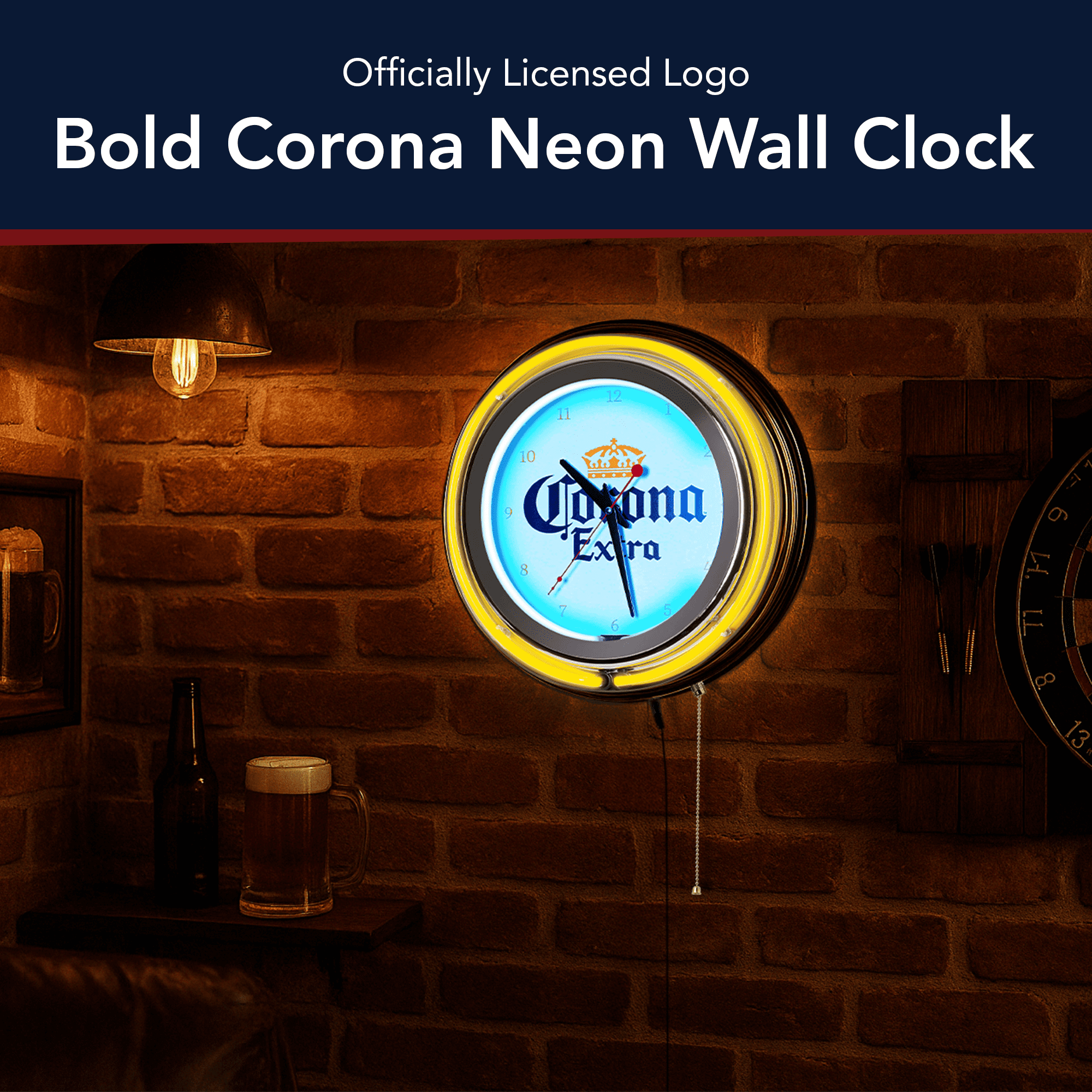 American Art Decor Wood Corona Retro Round Neon Wall Analog Clock with Pull Chain - 14.5"