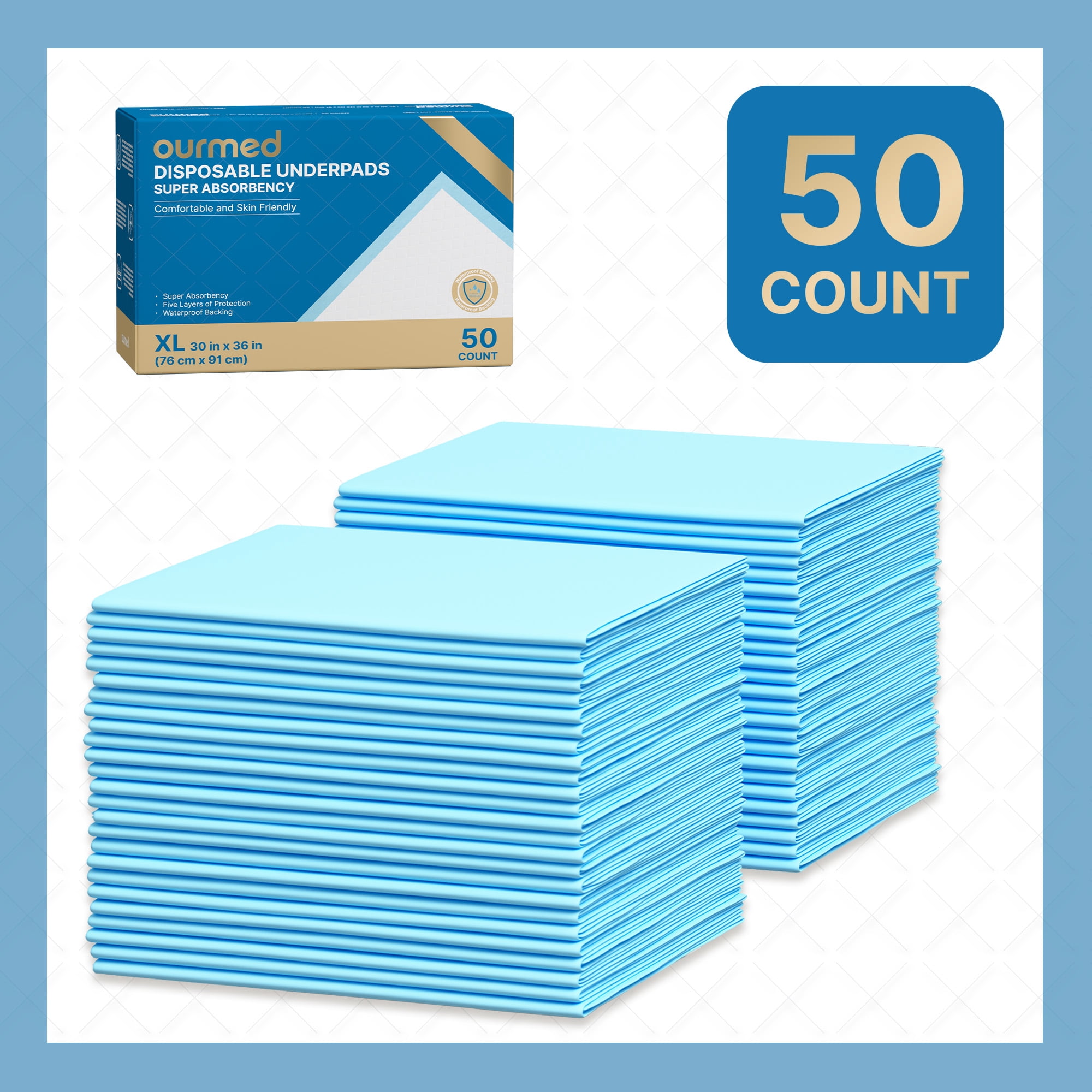 Ourmed Disposable Underpads, 30 x 36in Large Size, 50 Count,Extra Absorbent Bed Pads for Incontinence, Pet Training