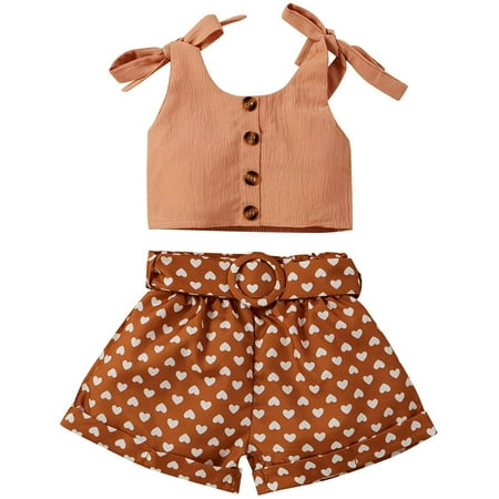 

OVTICZA Infant Baby Toddler Girls Clothing Set Sleeveless Love Print Outfit Summer Button Tank Top and Shorts Set with Orange 100