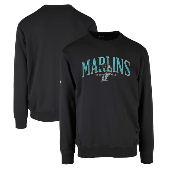 Men's Levelwear Black Florida Marlins Zane Cooperstown Collection Retro Spellout Pullover Sweatshirt