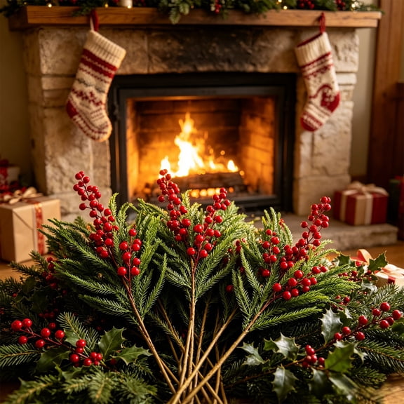 15 Inch Artificial Christmas Branches For Vase Fillers, Faux Winter Greenery Stems, Festive Home Table Mantel & Holiday Party Decor