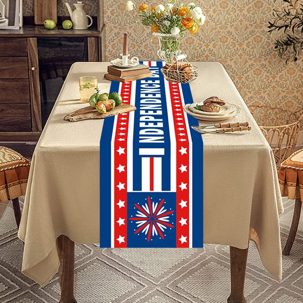 Table Banners Stars Table Runner With USA Flag Topper Toothpicks 4th Of July Patriotic Memorial