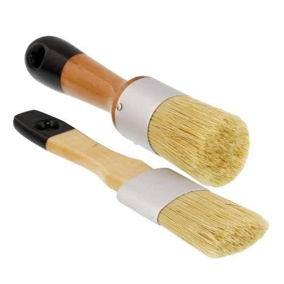 U.S. Art Supply 2-Piece Multi Use Round Chalk, Wax and Stencil Brushes for Wood Furniture 100% Natural Bristles and Rust Resistant