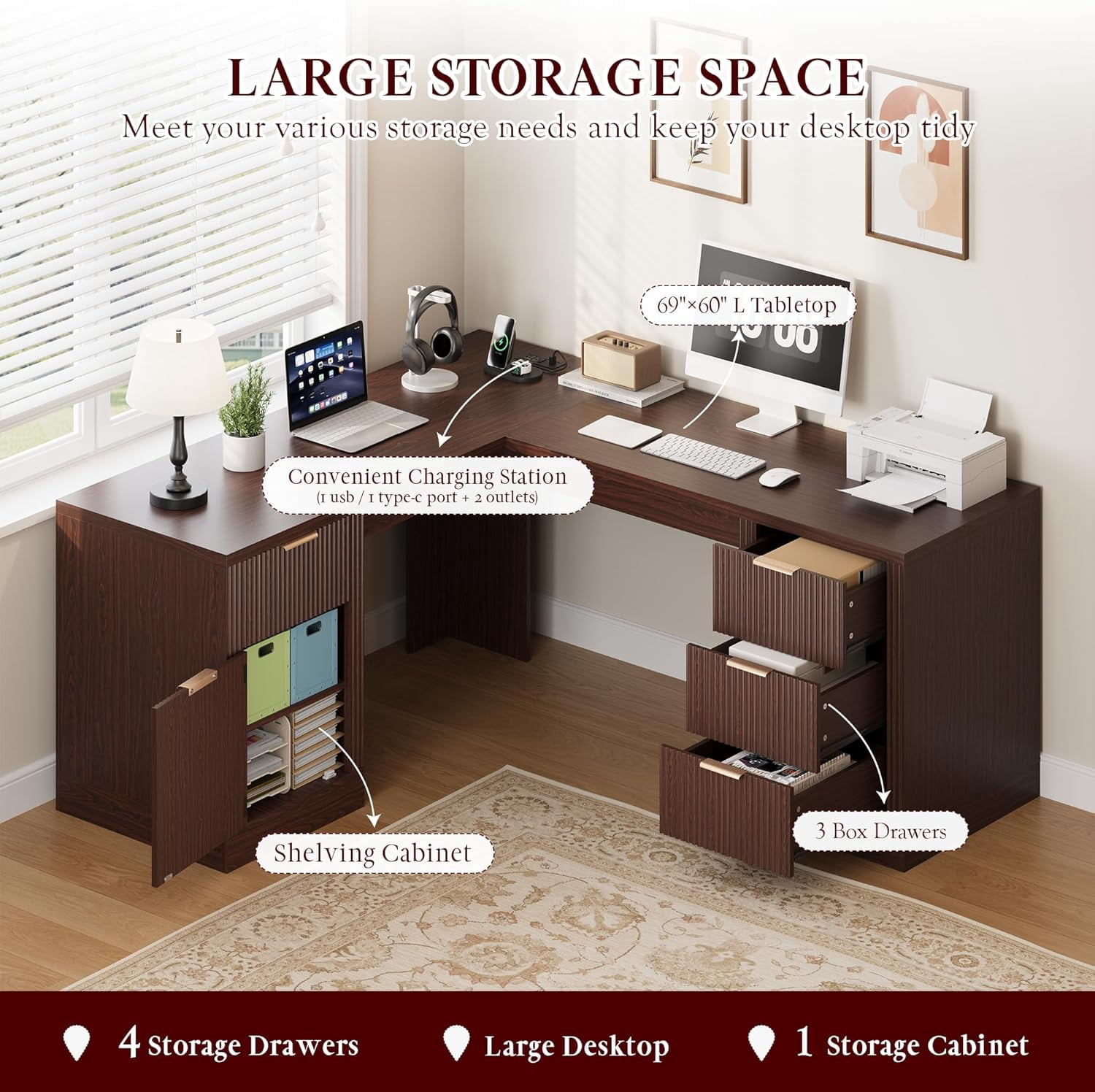 Kuublock 69" Executive L Shaped Desk, Wood Corner Executive Computer Desk with Power Outlets & Storage Drawers, Large Office Desk Workstation for Home, Dark Walnut