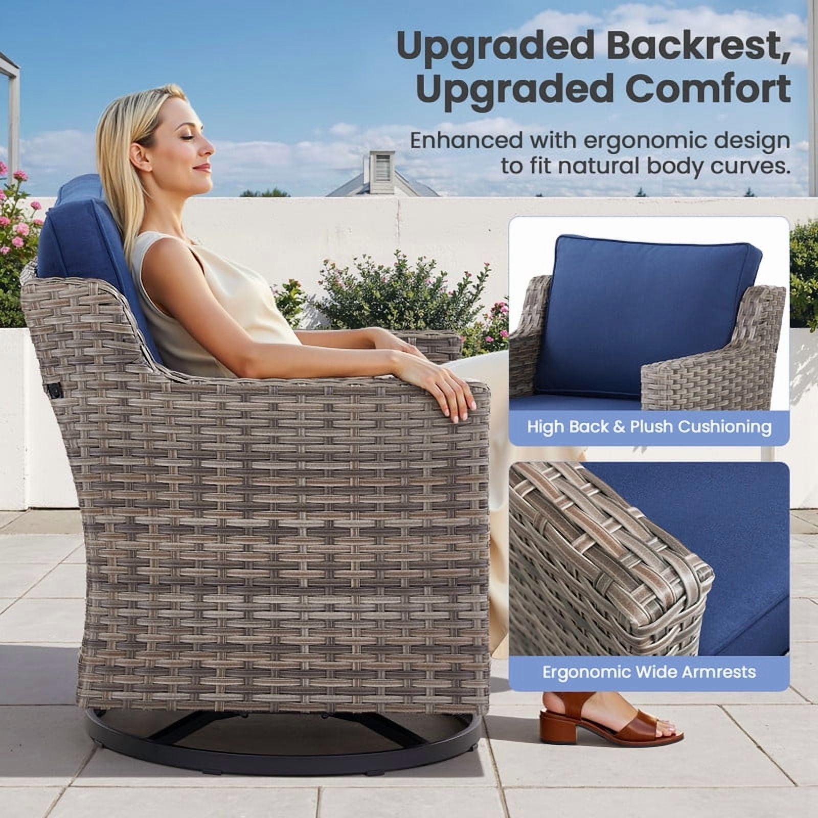 PARKWELL 6 Piece Outdoor Patio Swivel Glider Chair Set,All-Weather Rattan Conversation Set with Swivel Rocking Chair and Side Table,4-Seat Furniture Sets for Deck, Backyard,Gray/Navy