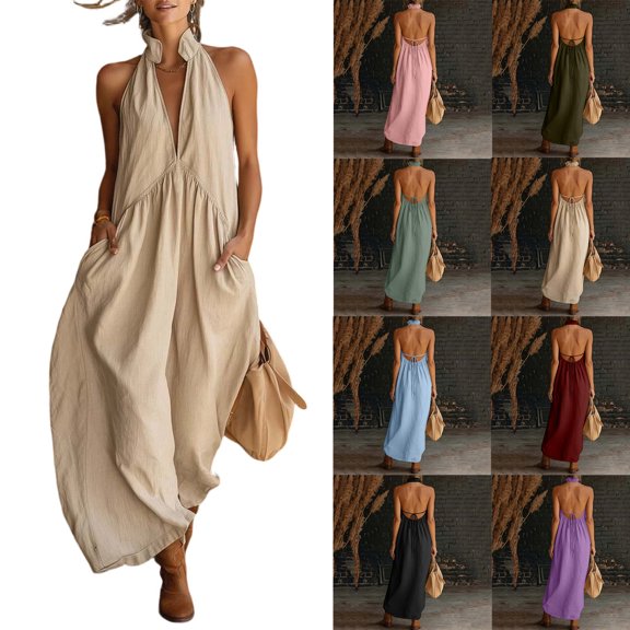 Zpzdpjkx Women's Summer Halter Neck Cotton Linen Maxi Dress Backless Tie-Back Sleeveless A-Line Vacation Long Dress with Pockets