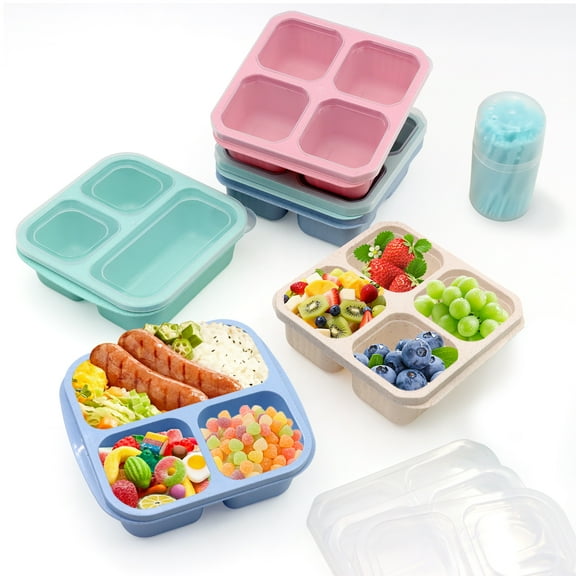 SPOKKI 6 Pcs Bento Snack Containers with 50 Pcs Fruit Forks, Reusable Divided Lunch Box Containers for Home, Work, and Travel