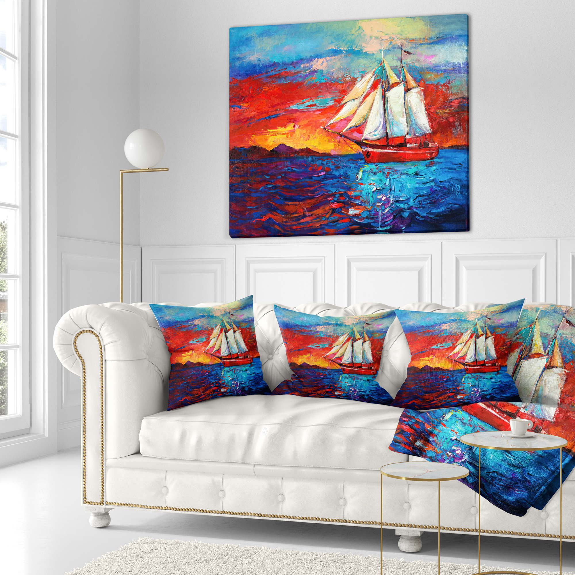 Designart Sail Ship During Sunset - Seascape Throw Pillow - 16x16
