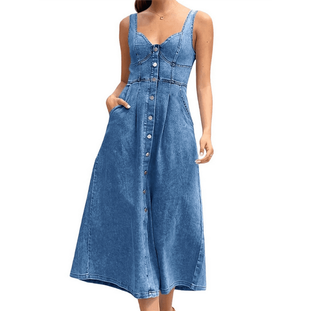 Robe Maxi en Denim à Bretelles pour Femmes Été Sans Manches Dos Nu Moulante Maxi Robes Bleu Foncé S