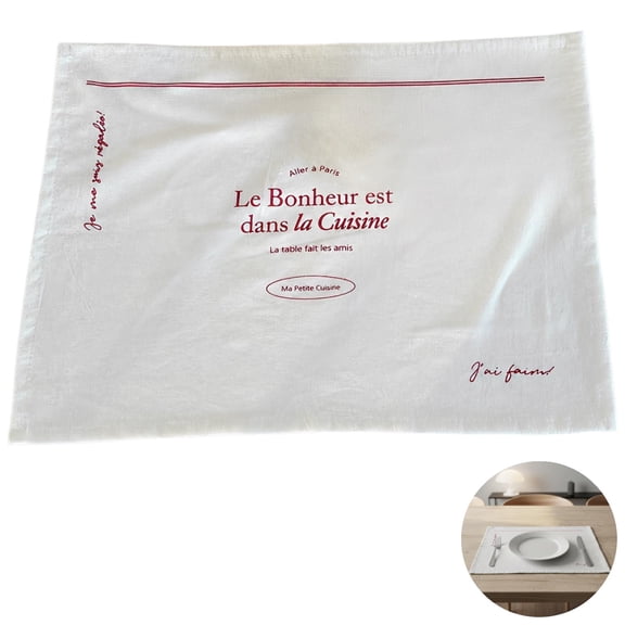 2 Pcs Cotton Placemat, French Script Print Fabric Placemats, Washable Placemat Set with Natural Wrinkle Texture for Dining Table, Kitchen, Photography Prop, Baking, Home Decor