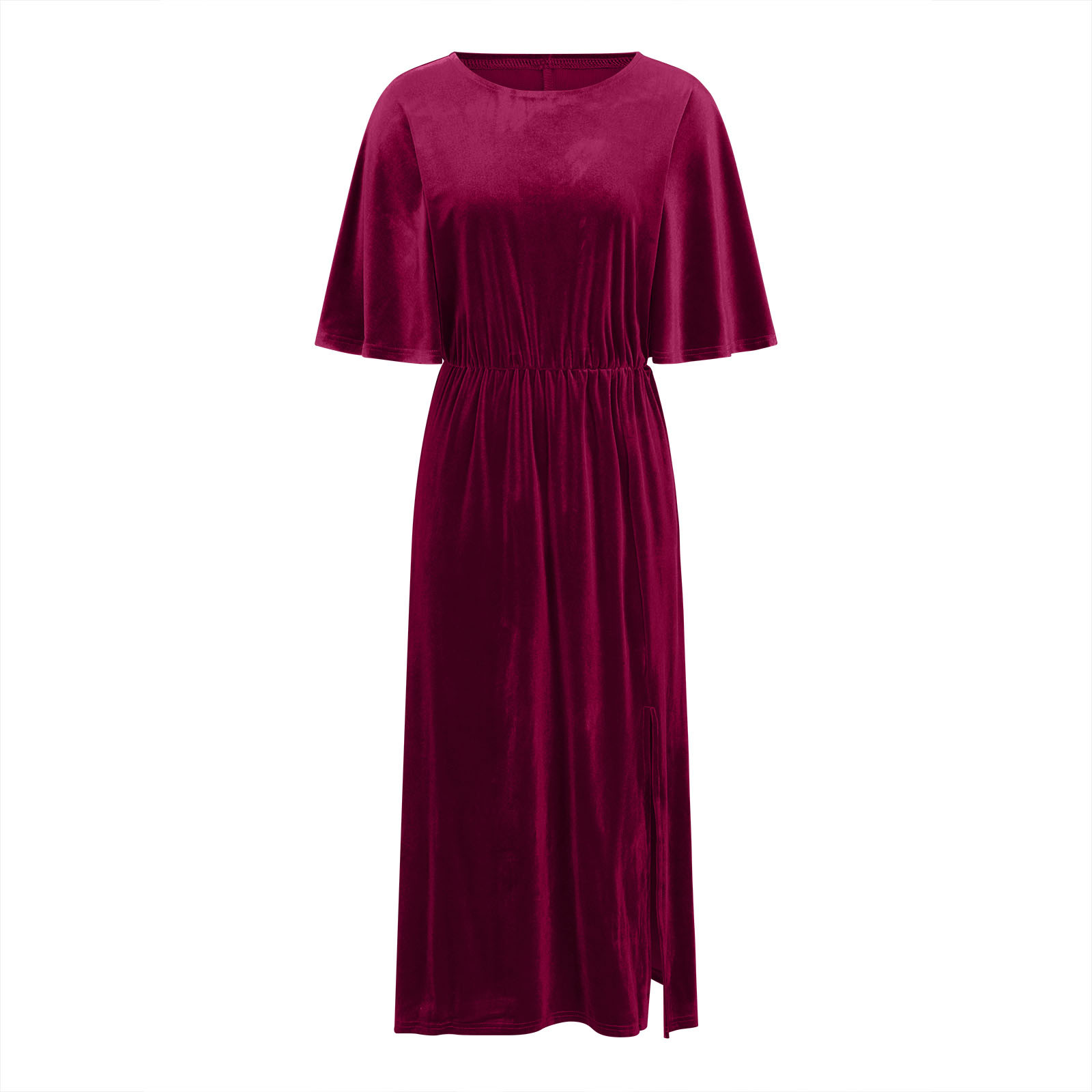 Women's Velvet Dresses Round Neck Bell Sleeve T-Shirt Dress High Split Elastic Waist Solid Dressy Dress Cocktail Party Wedding Midi Dress Wine,XL